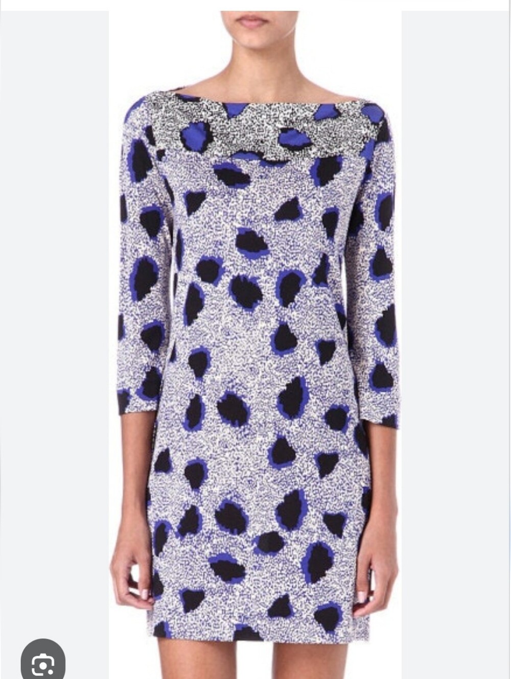 Diane Van Furstenberg Ruri Cheetah Print Blue & Black Patterned Silk Shift Dress